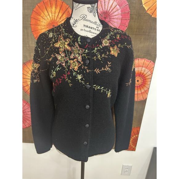 Susan Bristol 100% Wool Hand Embroidered & Sequin Pattern Cardigan Nostalgic M - Picture 1 of 7